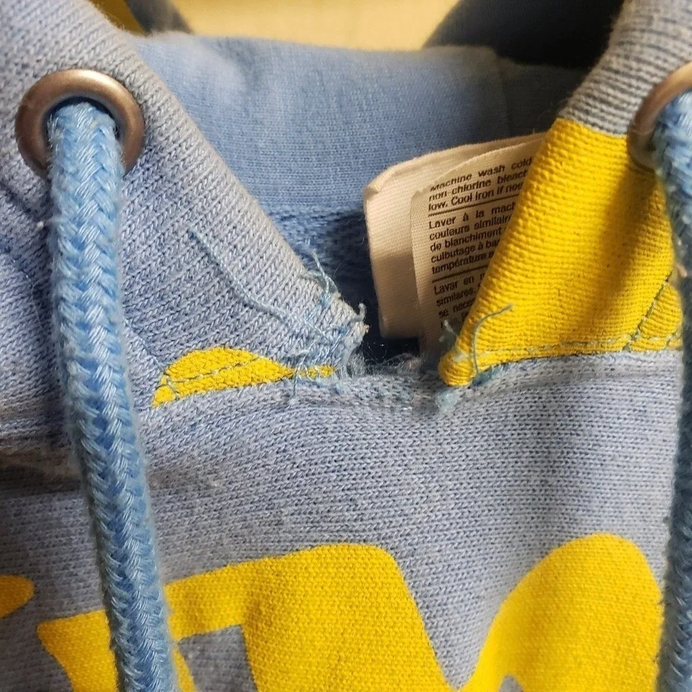 Champion Reverse Weave Hoodie Mens XL Blue Yellow All Over Script Logo Retro 90s